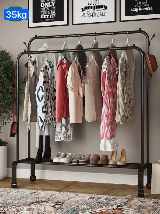 Вешалка для одежды напольная с полками и колёсами, металлическая