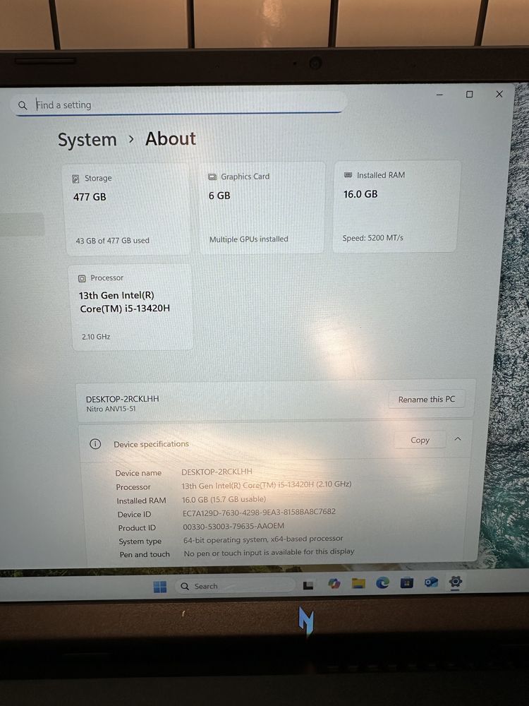 Laptop Gaming Acer Nitro V15 , RTX 4050 , DDR5