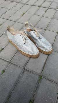 Espadrile piele naturala 40 argintii platforma rachita Pantofi oxford