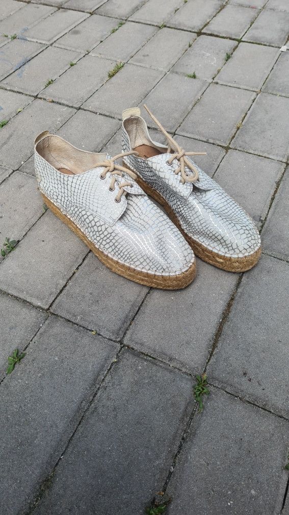 Espadrile piele naturala 40 argintii platforma rachita Pantofi oxford