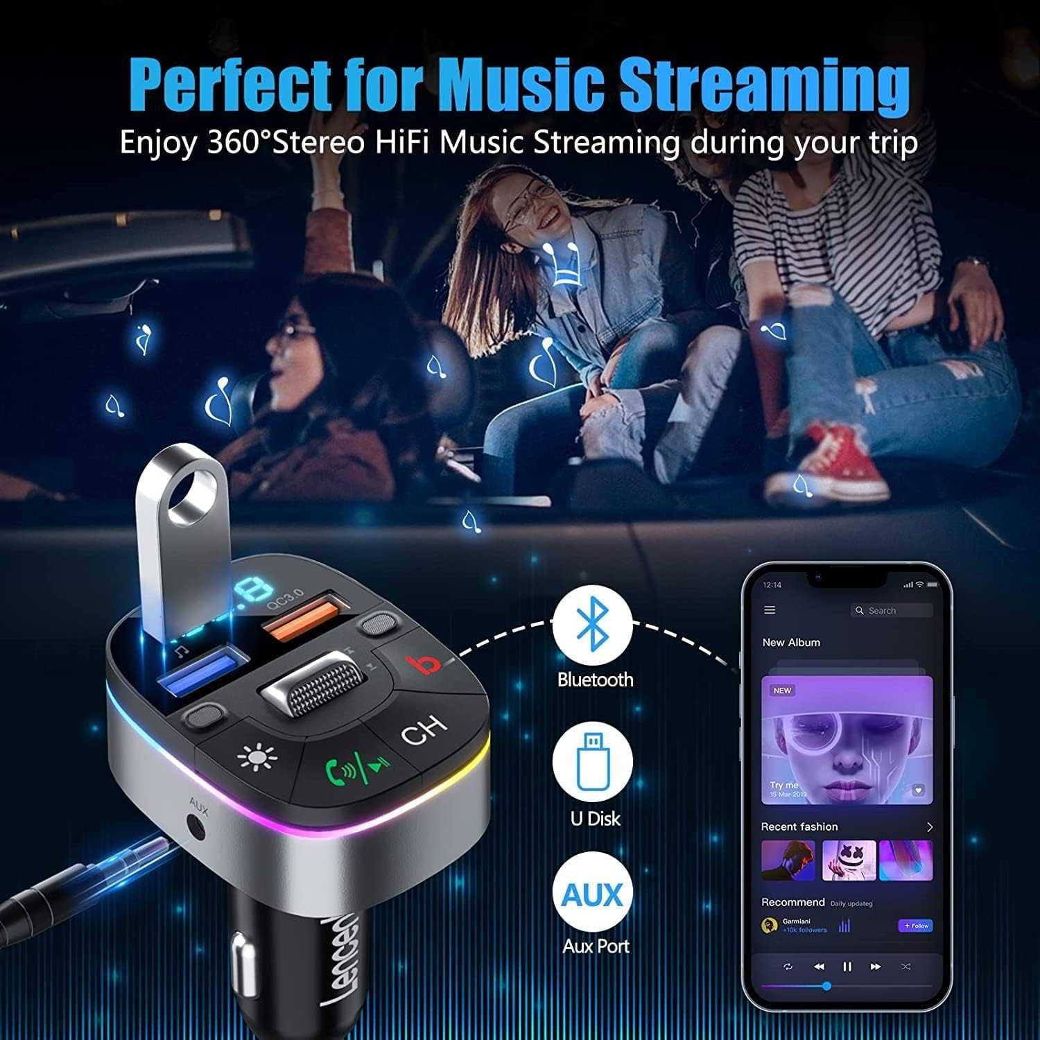 LENCENT Bluetooth 5.0 автомобилен FM трансмитер