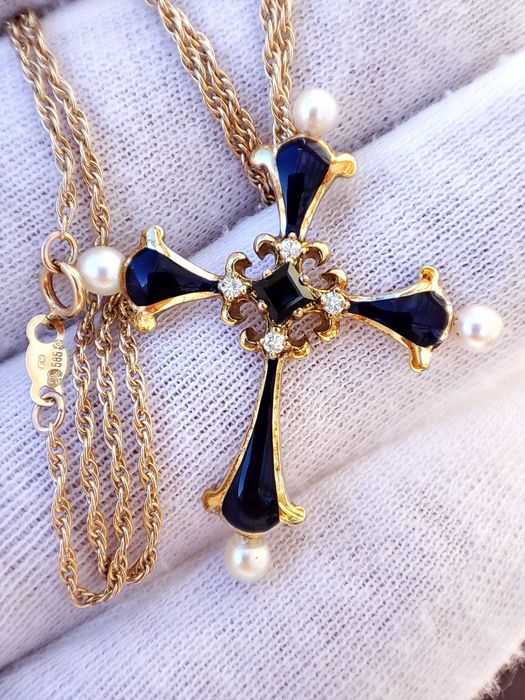 Faberge pandantiv Cruciulita Cruce Aur 14K  Email Diamante Safir Perle