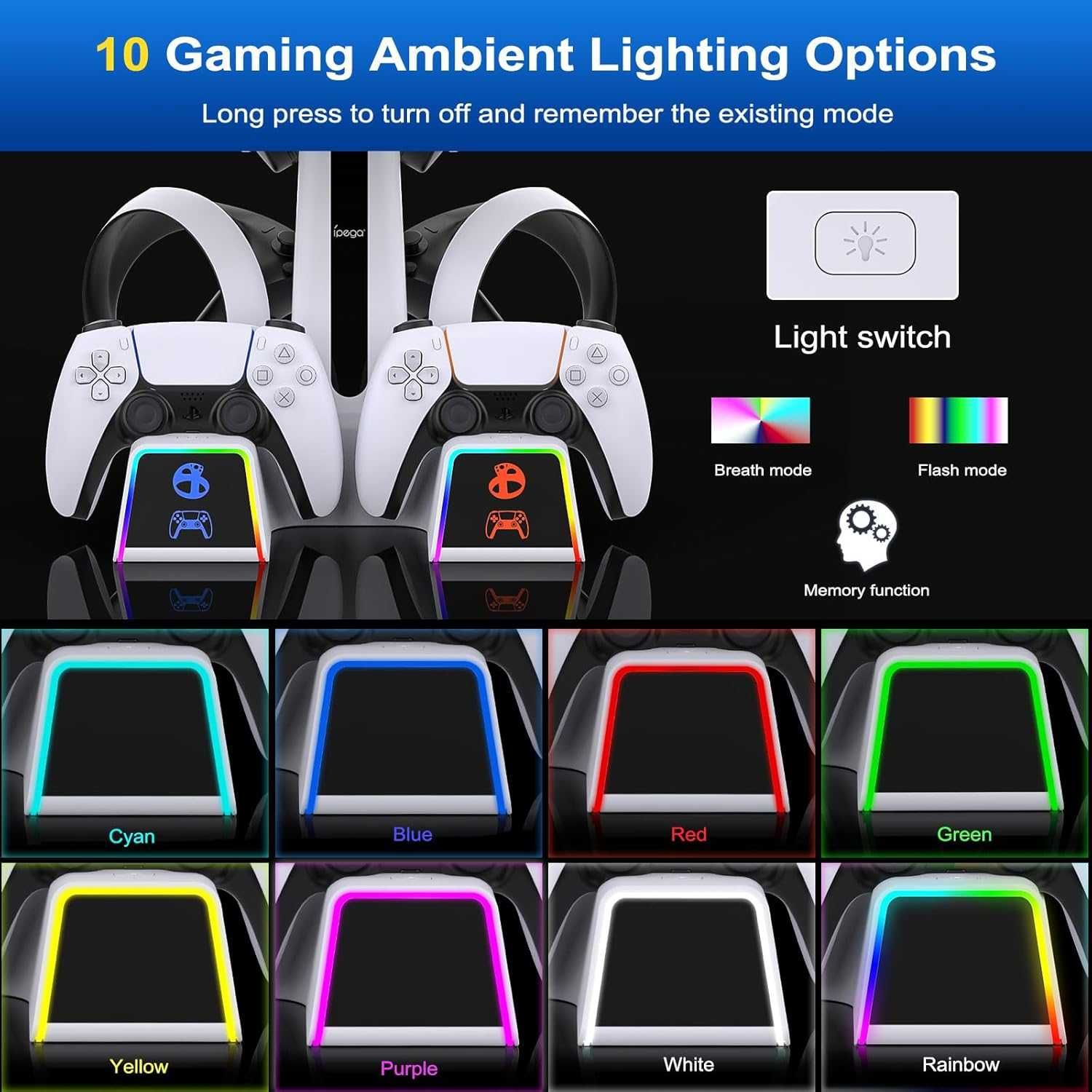 RGB зарядна станция за PSVR 2/PS5/PS5 Edge контролери с AC адаптер