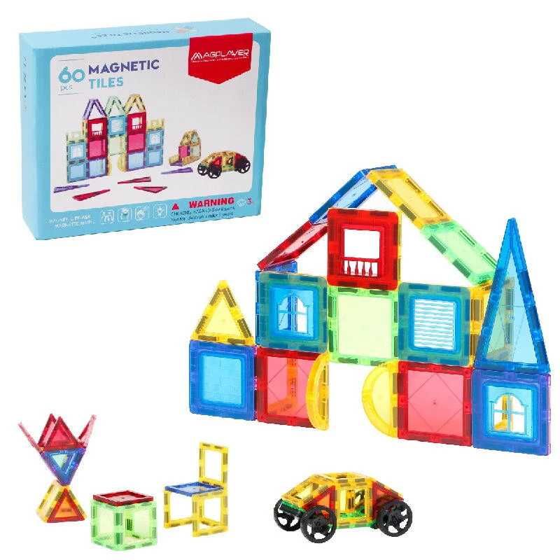 Set de Constructie Magnetic Tiles 3D, jucarii educationale, 60 Piese