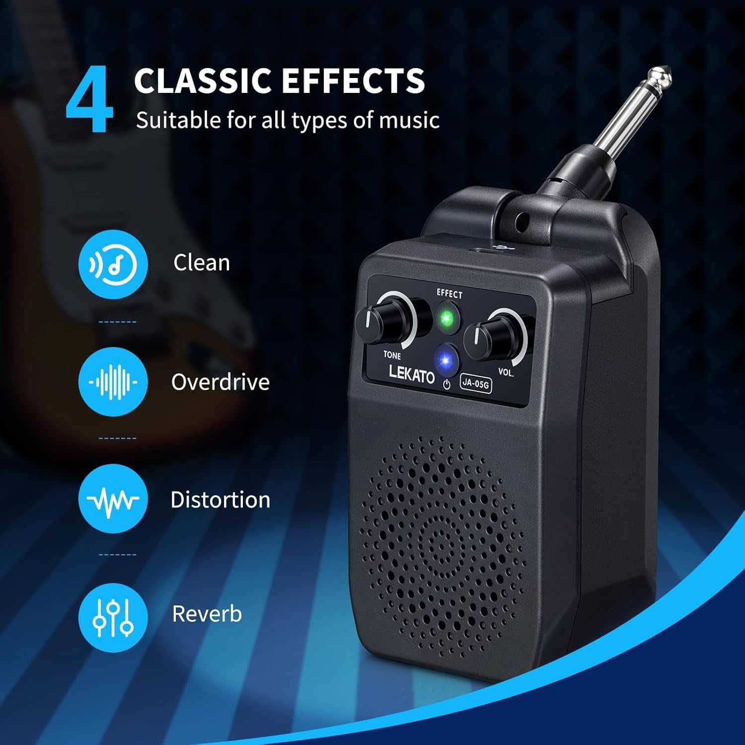 LEKATO Мини усилвател за електрическа китара с 4 ефекта и  Bluetooth