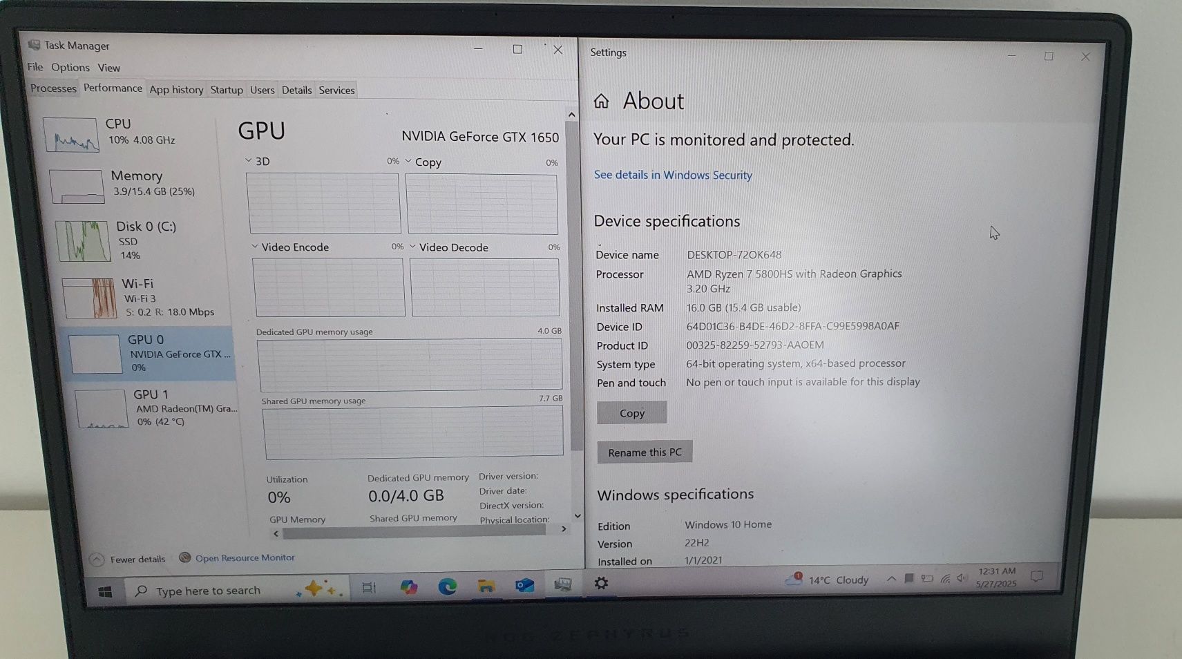 Laptop Asus Zephyrus G14 ALB, 5800H, 16GB, GTX 1650, 512GB