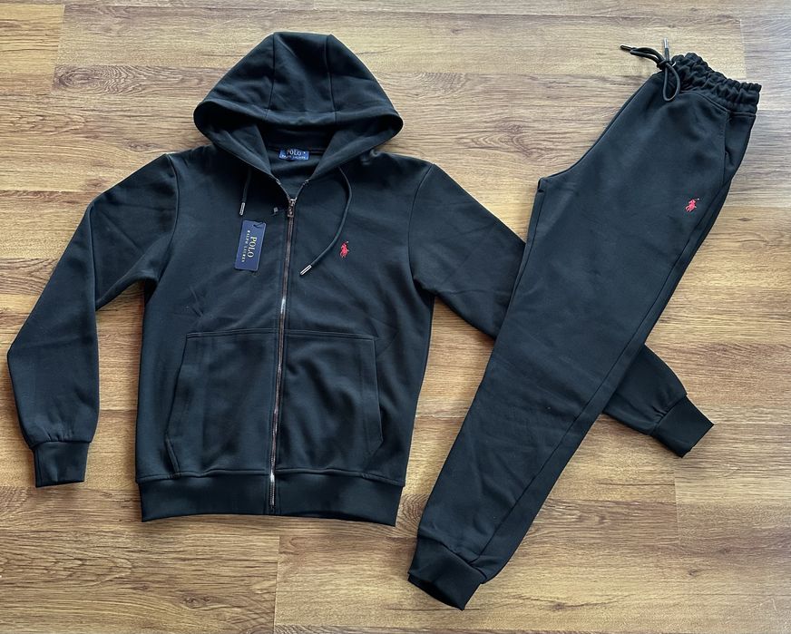 Мъжки,памучен,черен екип Ralph Polo с качулка и бродирано лого