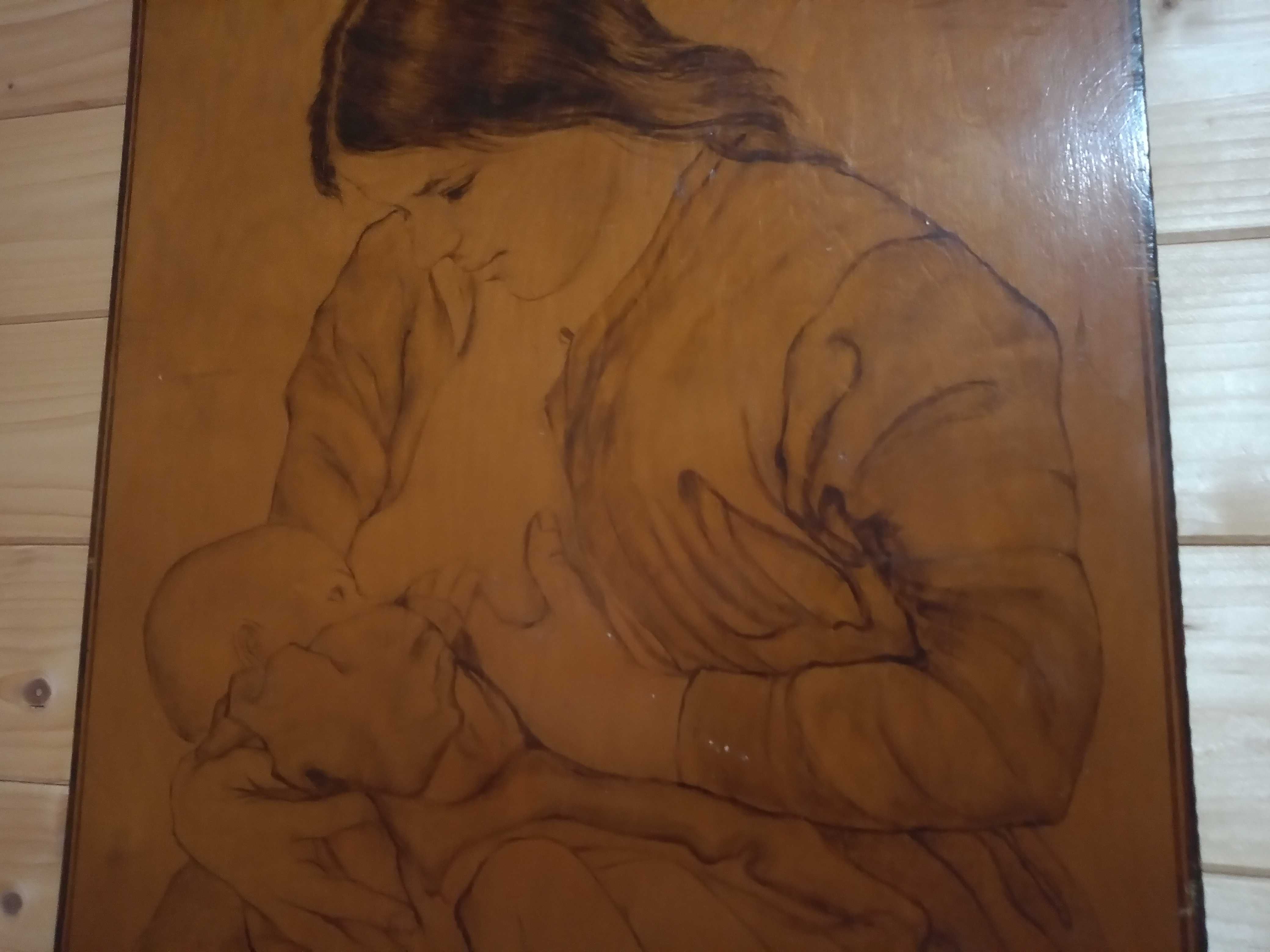 tablou lemn pirogravura mama alaptare