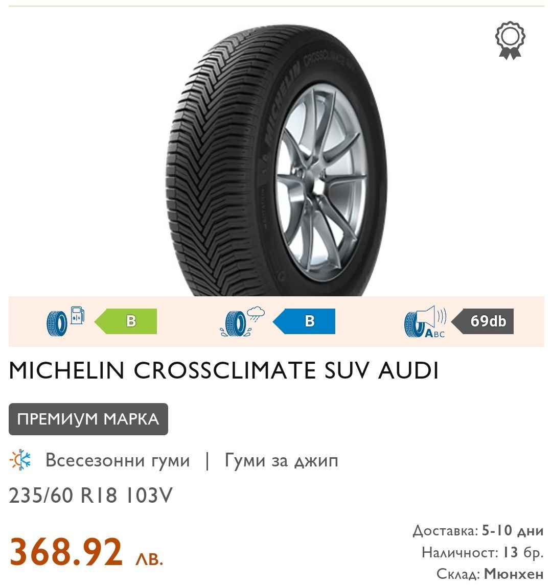 1бр всесезонна гума 235/60/18 Michelin Cross Climate SUV, dot1921
dot1