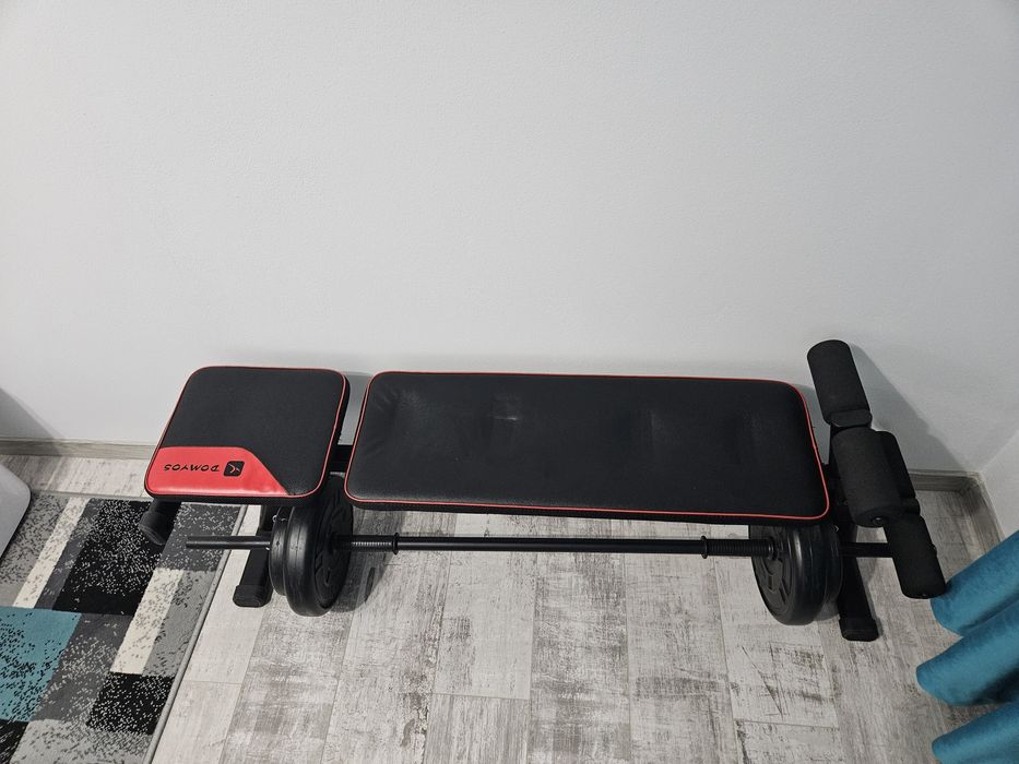 Gantere/ bara greutati + 60 kg greutati + banca pliabila exercitii