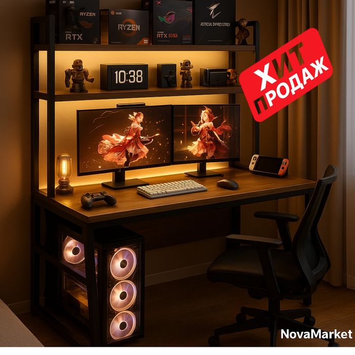 Компьютерный стол 100×50×147 см с подсветкой, чёрный каркас + дерево