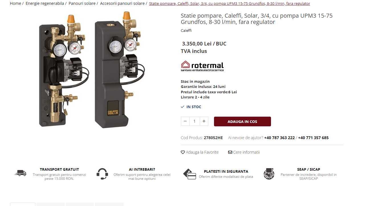 Statie pompare, Caleffi, Solar, 3/4, pompa UPM3 15-75 Grundfos