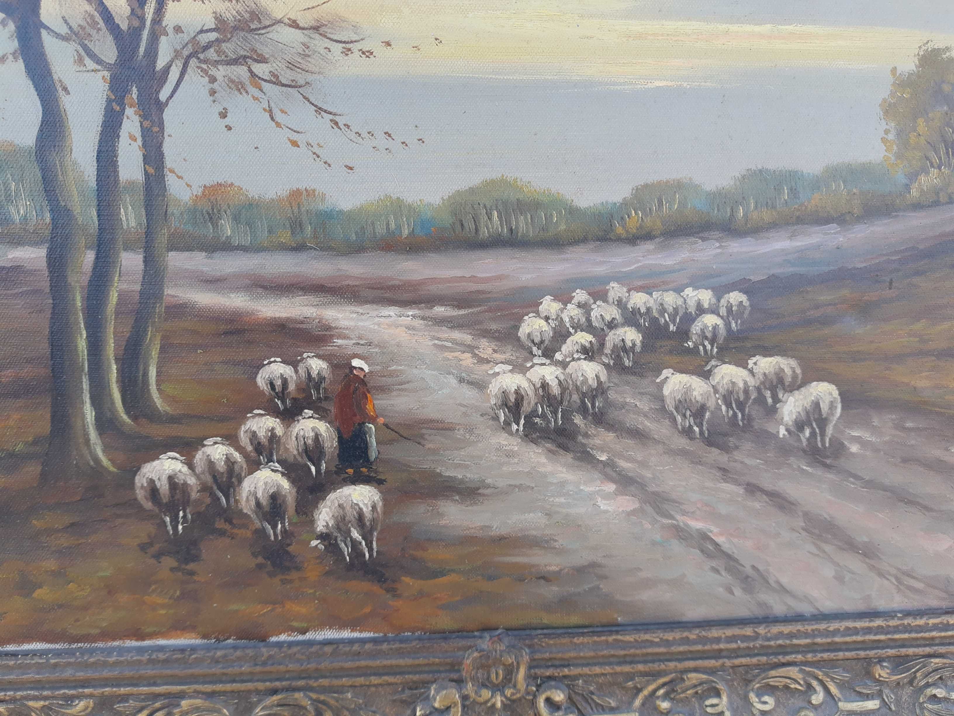 Старинна картина масло в стилна рамка Овце на паша. Внос Холандия