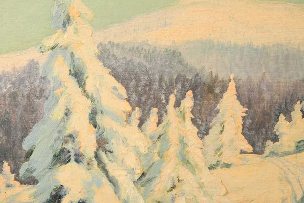 Pictura, peisaj de iarna, tehnica ulei, 49x61 / 39,5x51cm