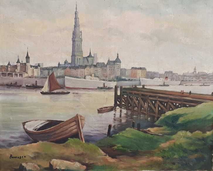 Tablou vechi - in port - semnat Bunescu