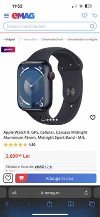Apple watch 9 , gps , carcasa midnight  aluminium , 45 mm