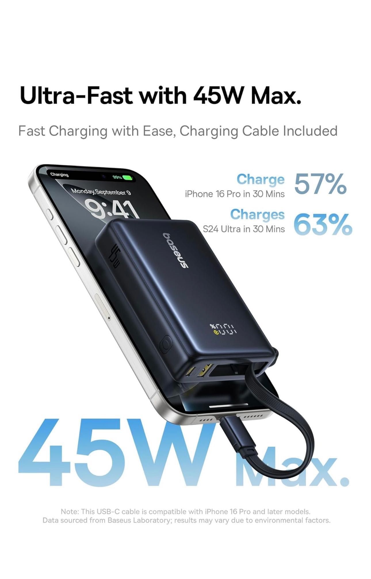 Baseus Power Bank Picogo 10000mAh 45W 3-Output Built-in USB-C cable PD