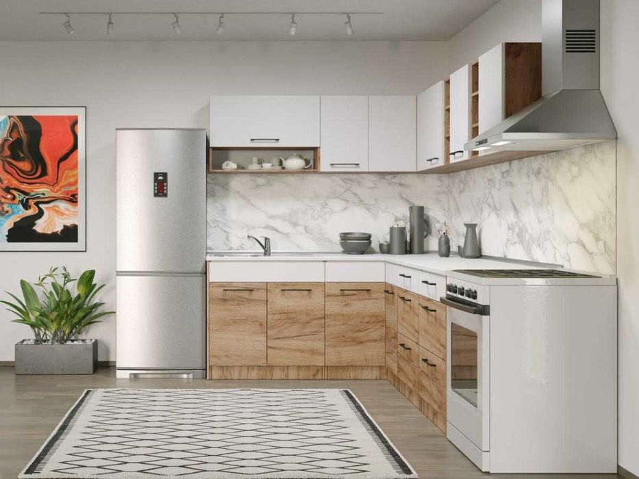 Set Mobila Bucatarie Colt Gastro 180*220 Alb/Stejar – C40