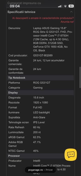 Laptop ASUS Gaming 15.6'' ROG Strix G G531GT i7 GeForce GTX 1650 4GB