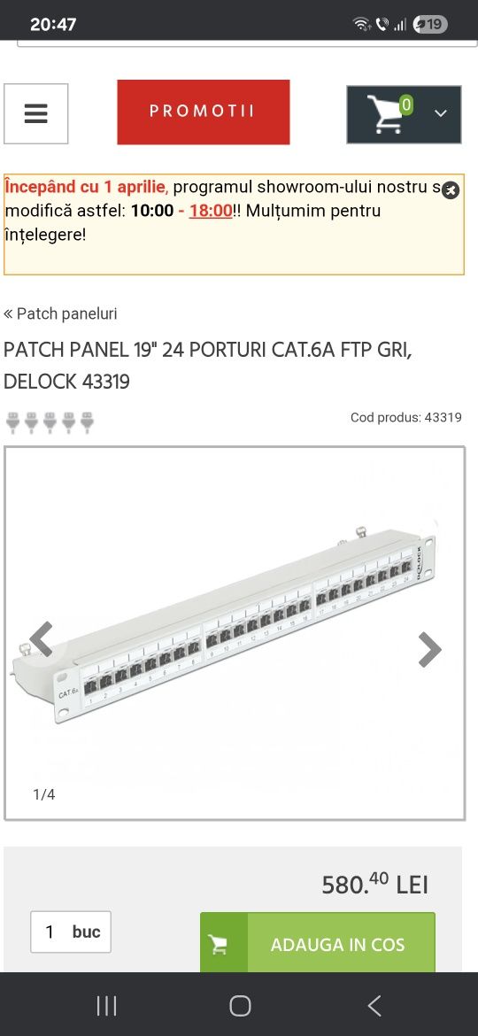 Patch Panel 19" 24 Porturi Cat.6A FTP Gri, Delock 43319
 ( )C
