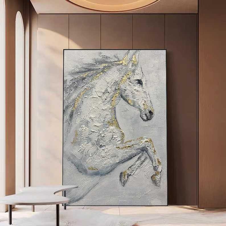 Картина белая лошадь холст масло казахская национальная живопись конь