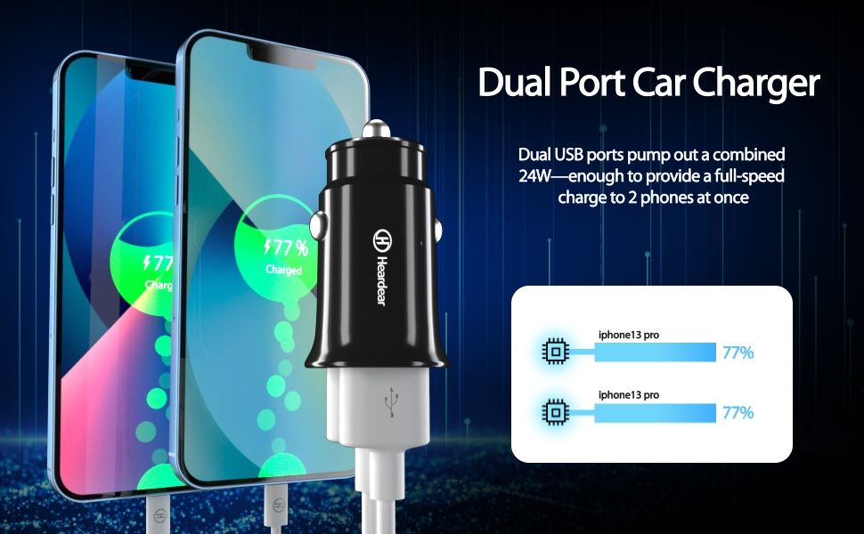 Hardear 24W 2-портово бързо зарядно за кола,USB Type-C,iPhone/Samsung