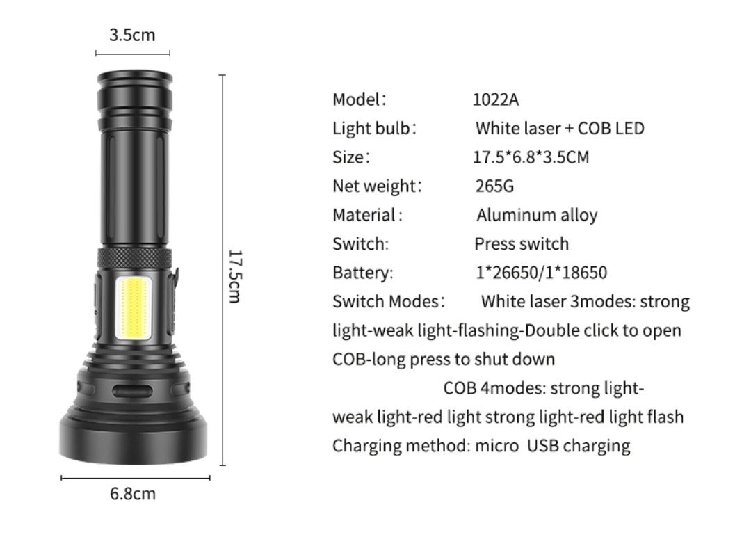 LED фенер "бял лазер", осветява на 2000м