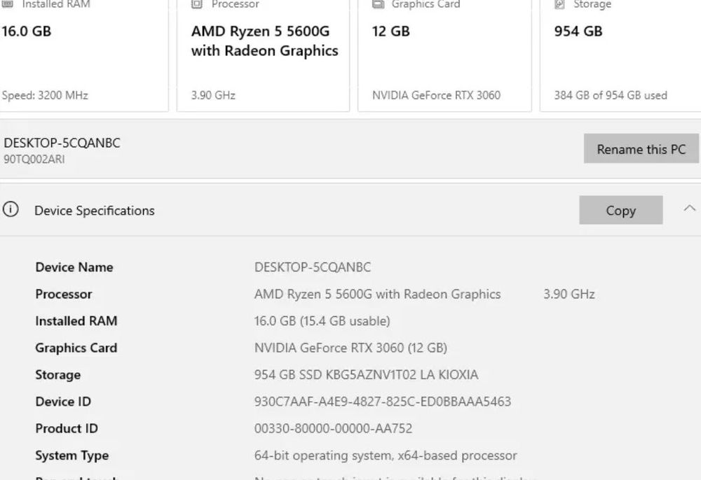 PC Gaming / nVidia GeForce RTX 3060 / Ryzen 5600G / 1TB SSD / 16GB RAM