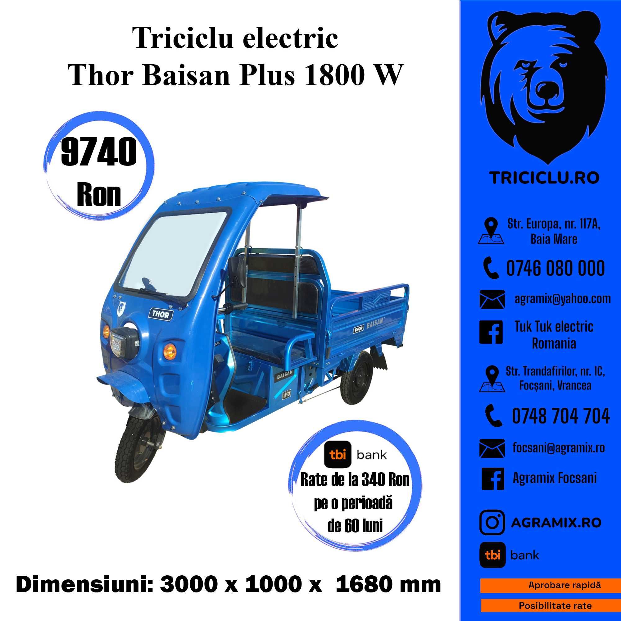 Triciclu electric fara cabina 1800W nou marca THOR BAISAN Agramix