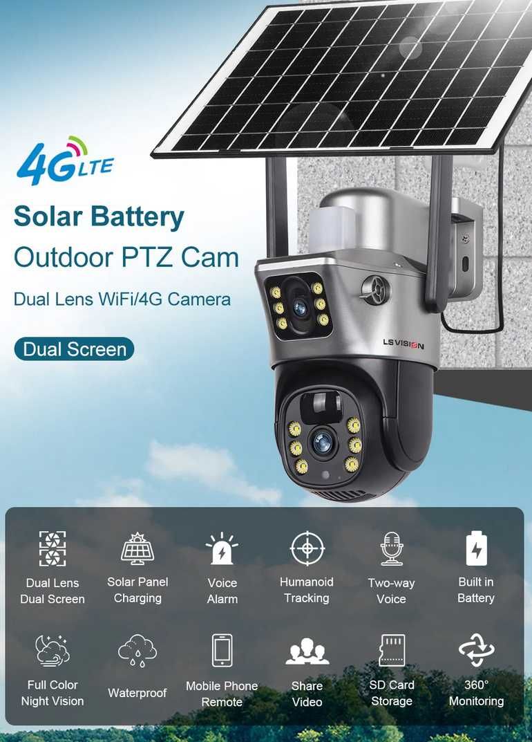 Camera Supraveghere Dubla LS VISION 360 4G cu cartela SIM &Panou Solar