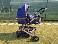 Carucior 2 in 1, dubla suspensie, roata cauciuc, albastru cosmic