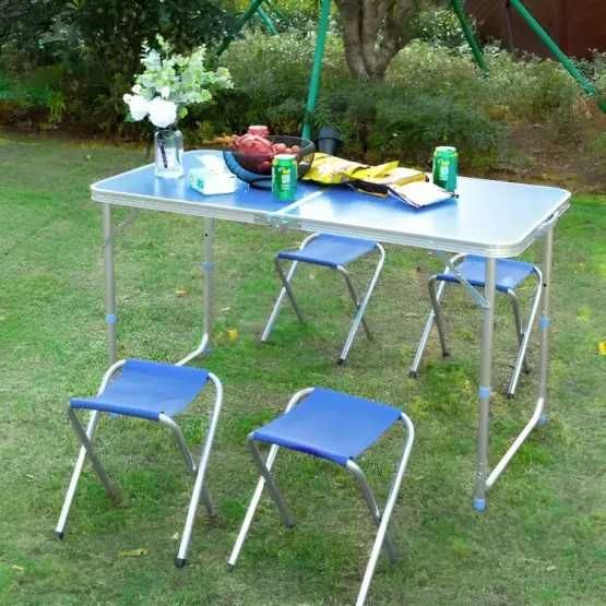 Сгъваем комплект за къмпинг – маса + 4 стола в синьо