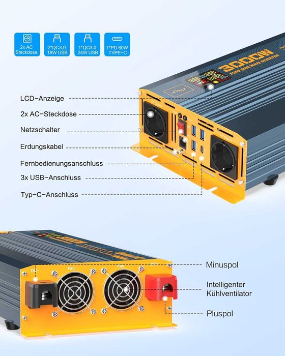 Конвертор на напрежение 3000 W 24 V чиста синусоида