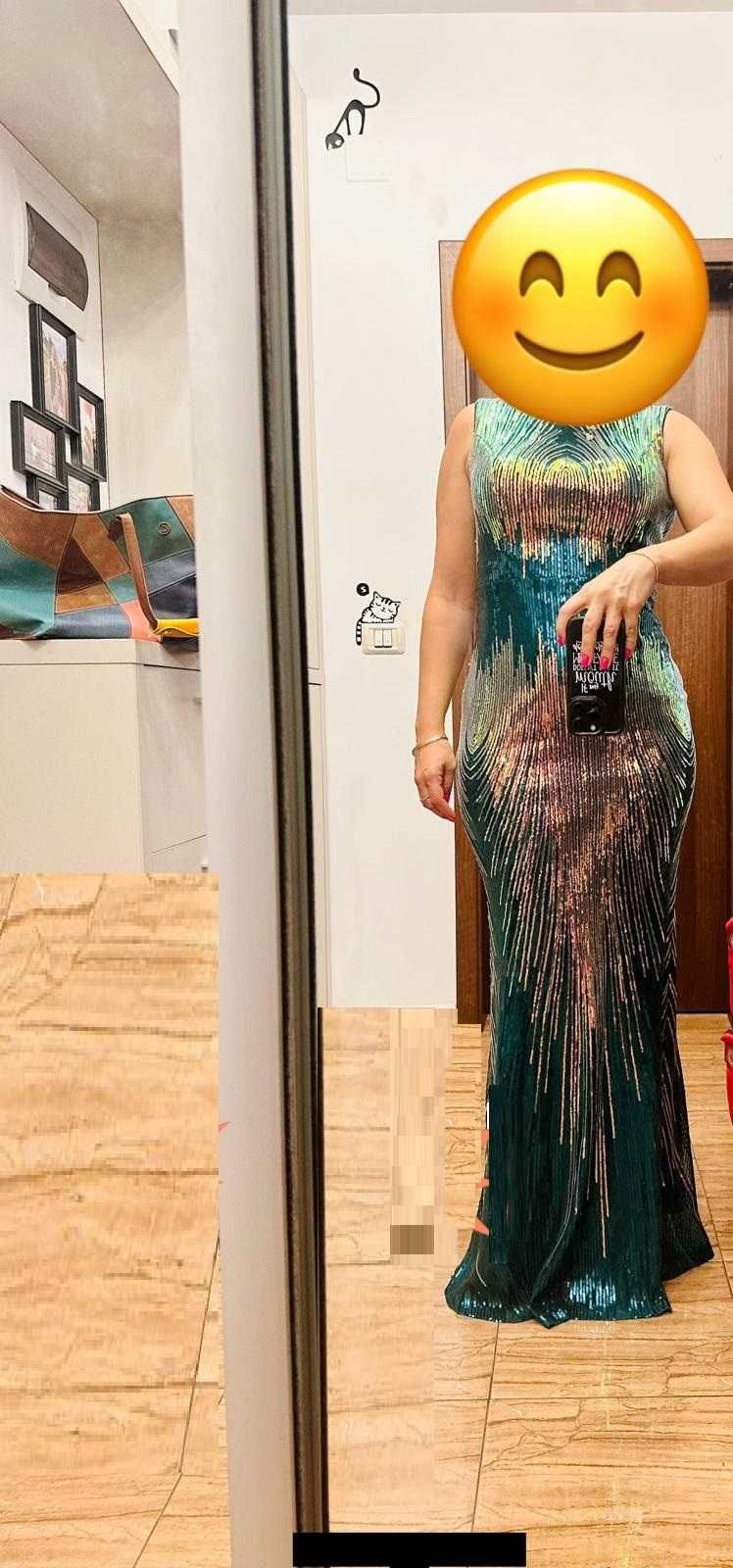 Rochie verde colorata, tip sirena, paiete, lunga, 38