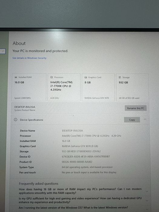 PC gaming i7 7700 GTX 1070
