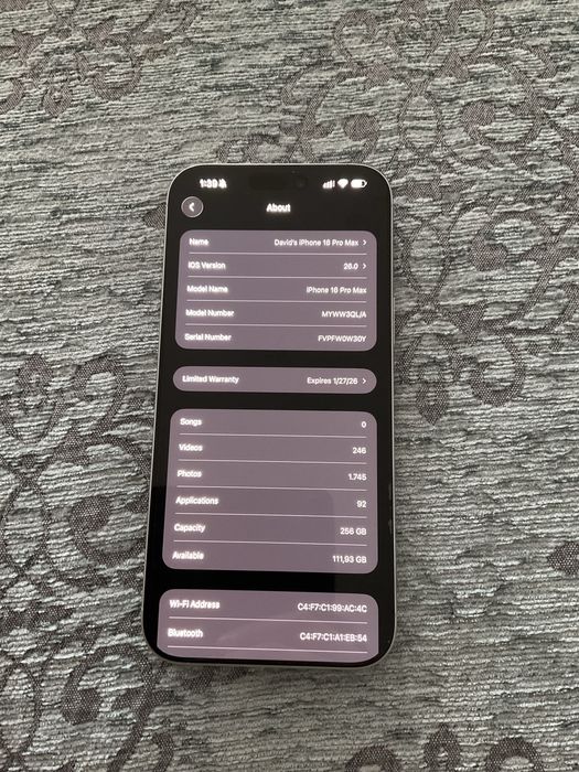 iPhone 16 Pro Max, 256gb, 100% sanatatea bateriei