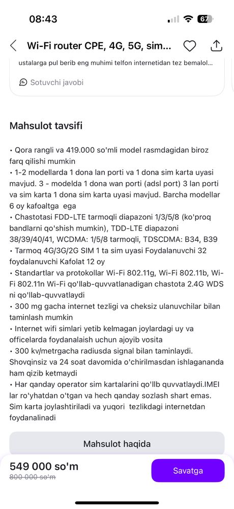 Sim kartalik va kabellik universal Wifi Router