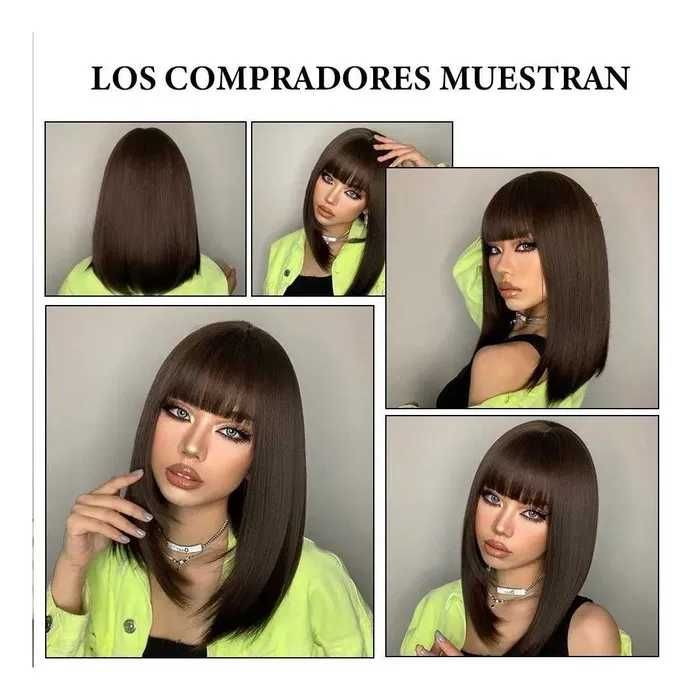 Тъмно кафява 40 см синтетична перука с бретон