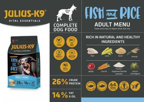 Julius K9 Adult hrana premium, hipoalergenica Peste si Orez  12kg