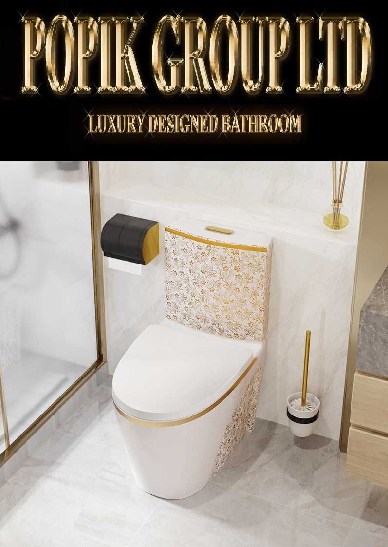 Луксозен Дизайнерски Моноблок  Тоалетна чиния с златни цветя за Баня-!