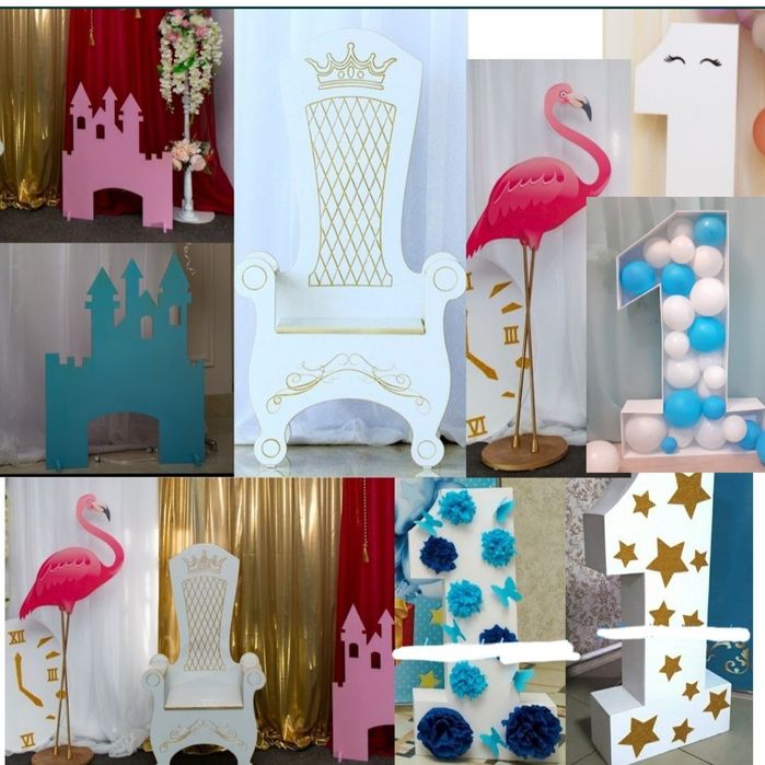 декор для праздника трон, цифра 1 , фламинго, замок