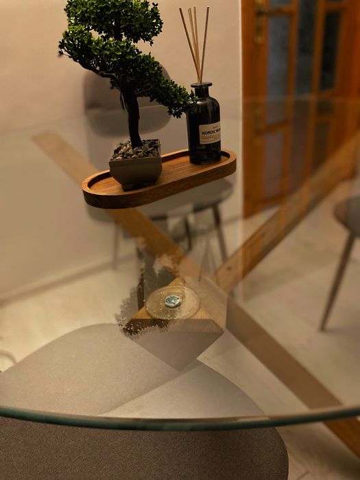 Masă rotundă din sticlă/stejar