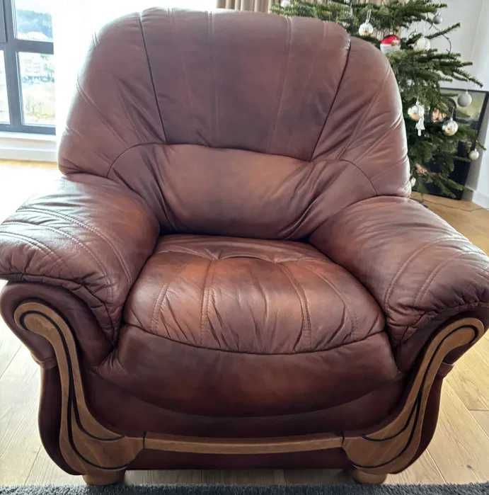 Set canapea si doua fotolii 3 - 1 - 1 Lemn Masiv si Piele Naturala