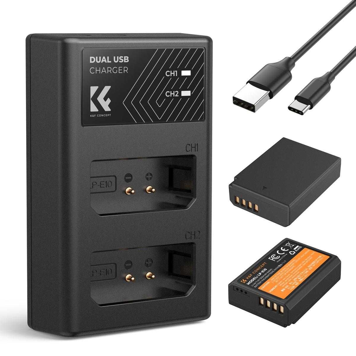 Комплект 2 батерии LP-E10 + зарядно K&F Concept