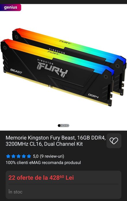 RAM Kingston RGB DDR4 16Gb ( 2 x 8 GB ) Dual Channel 3200 Mhz - Kit 1