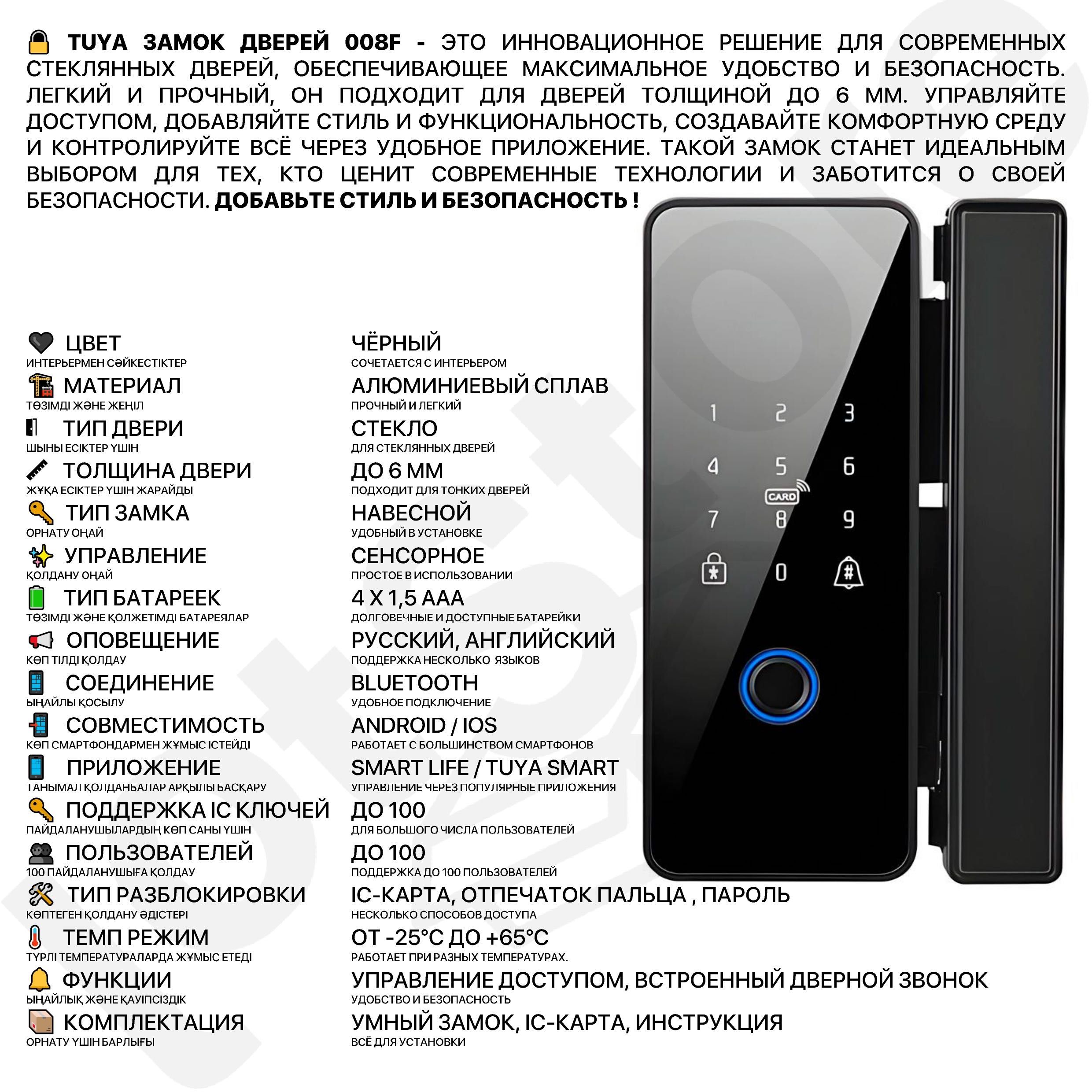 Замок умный межкомнатный замок на стеклянную дверь с приложением TUYA