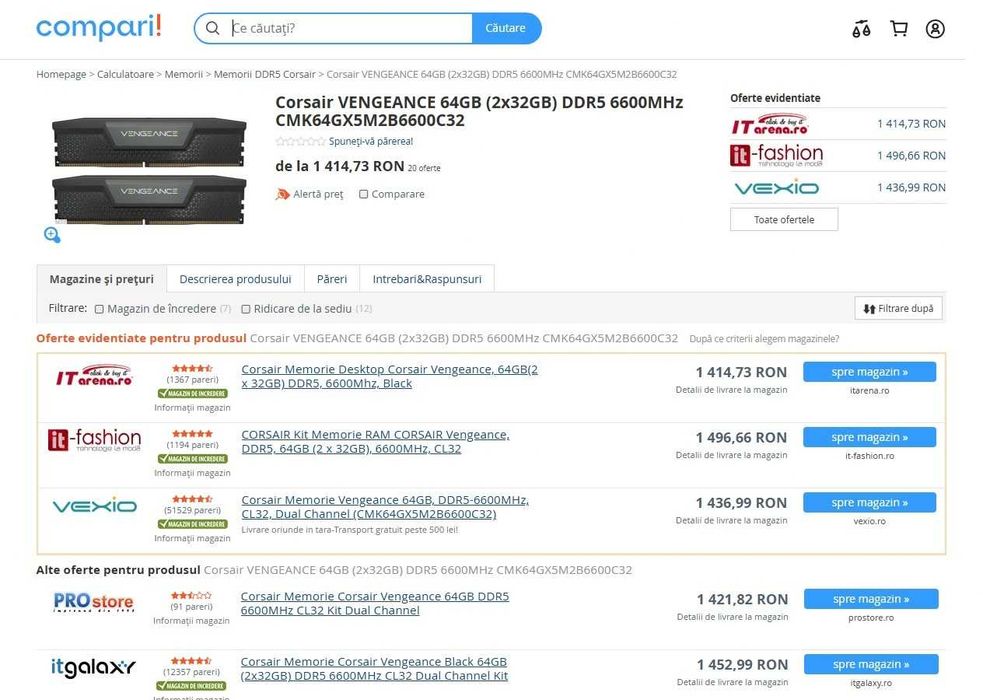 Memorie RAM Corsair Vengeance 64GB DDR5 6600MHz CL32 Dual  Kit