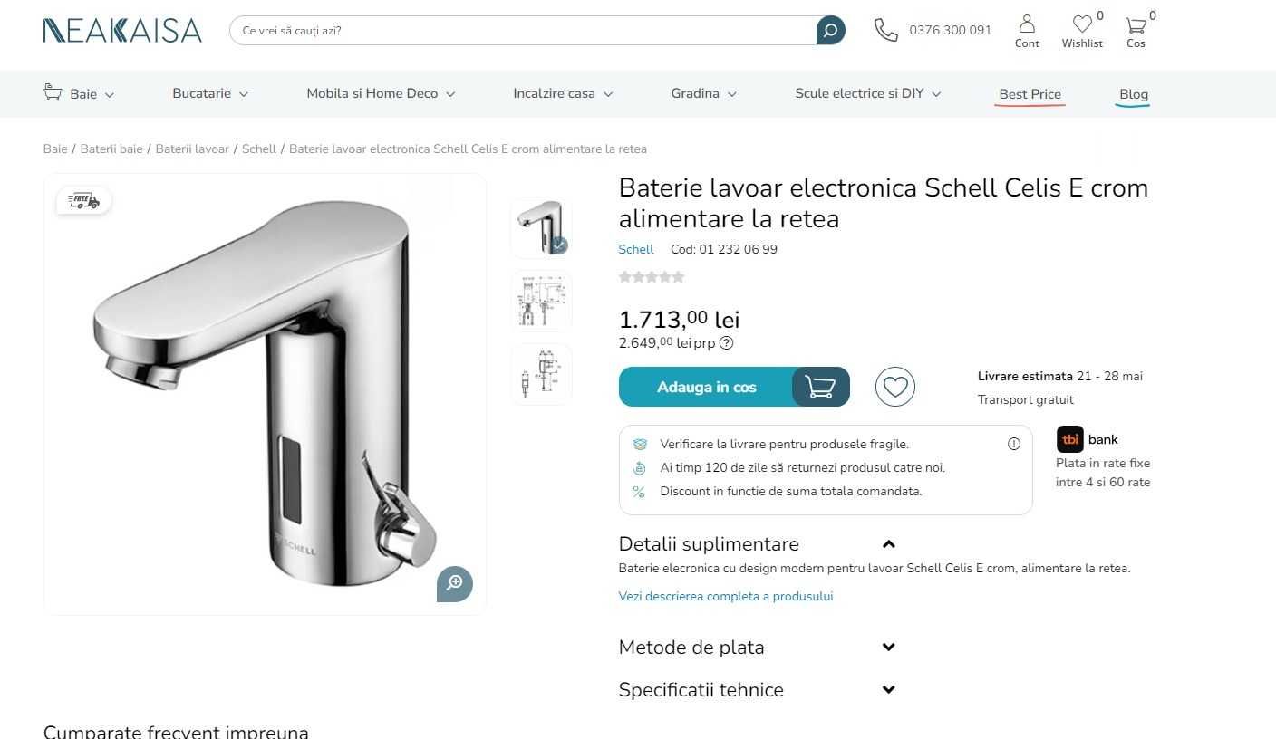 Baterie lavoar cu senzor schell - 1500 lei (2 buc)