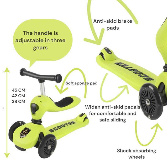 Trotineta 2in1 transformabila in tricicleta,ajustare3 dimensiuni,verde