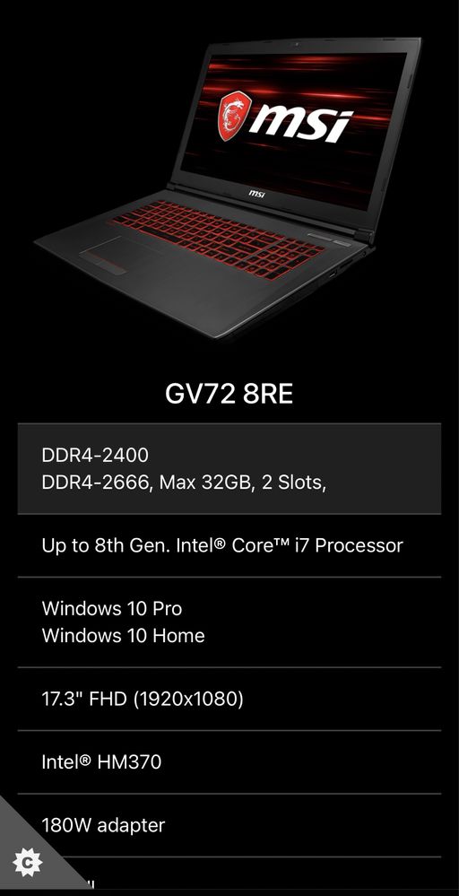 Laptop MSI GV72 8re